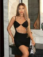 Zincirli Siyah Dekolteli Midi Seksi Elbise Real Passione E1033 Siyah detay görünüm