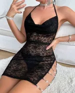 Zincirli Transparan Dantelli Fantezi Kadın Gecelik Real Passione 4041 Siyah görsel 4