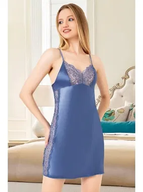 Miss Laris Mavi İnce Askılı Saten Kısa Gecelik Miss Laris 2083 - Alternatif Görünüm