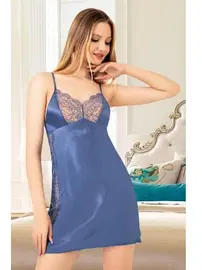 Miss Laris Mavi İnce Askılı Saten Kısa Gecelik Miss Laris 2083