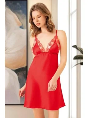 Miss Laris Kırmızı Saten İp Askılı Kadın Gecelik Miss Laris 2101 - Alternatif Görünüm