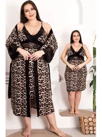 Lady 2li Leopar Desenli Büyük Beden Dantelli Gecelik Sabahlık Takımı Lady 19204 