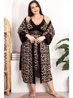 2li Leopar Desenli Büyük Beden Dantelli Gecelik Sabahlık Takımı Lady 19204  Siyah farklı açı