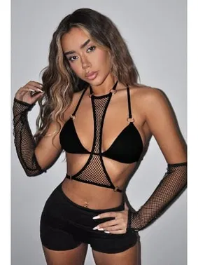 Merry See 3 Parçalı Eldiven Sütyen Crop Takım Merry See AN1010 Siyah