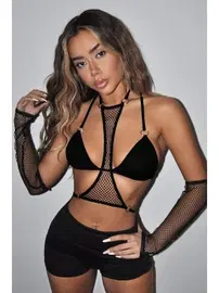 Merry See 3 Parçalı Eldiven Sütyen Crop Takım Merry See AN1010 Siyah