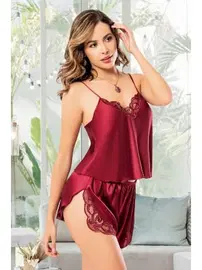 Miss Laris İnce Askılı Bordo Yırtmaçlı Fantazi Şort Takım Miss Laris 3015