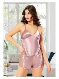 Miss Laris Transparan Parçalı Saten Kadın Şortlu Pijama Takımı Miss Laris 3063