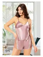 Transparan Parçalı Saten Kadın Şortlu Pijama Takımı Miss Laris 3063 Pudra