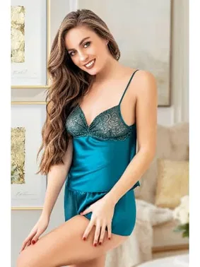 Miss Laris Göğüs Dantelli Askılı Saten Kadın Şort Pijama Takımı Miss Laris 3074