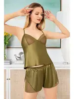 Yırtmaçlı Saten Şort Piajama Takımı Miss Laris 3080 Yeşil detay görünüm