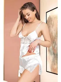 Miss Laris Dantel Yırtmaçlı İnce Askılı Saten Pijama Takımı Miss Laris 3083
