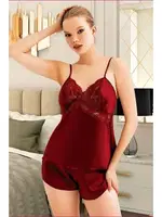 Saten Bordo Askılı Kadın Şort Pijama Takımı Miss Laris 3096 Bordo