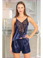 Asimetrik Kesim Saten Kadın Şort Pijama Takımı Miss Laris 3097 Lacivert