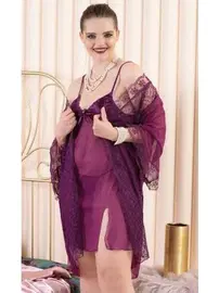 İzabel 3lü Büyük Beden Dantelli Gecelik Sabahlık Takımı İzabel 6007