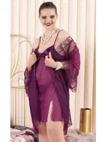 3lü Büyük Beden Dantelli Gecelik Sabahlık Takımı İzabel 6007 Mor