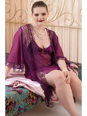 İzabel 3lü Büyük Beden Dantelli Gecelik Sabahlık Takımı İzabel 6007 - Alternatif Görünüm