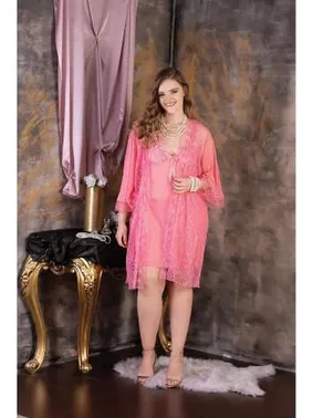 İzabel 3lü Büyük Beden Transparan Gecelik Sabahlık Takımı İzabel 6000