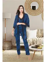 3lü Dantelli Yarım Kollu Sabahlık Pijama Takımı İzabel SB-5002 Lacivert