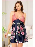 Dantelli İnce Askılı Saten Büyük Beden Gecelik Miss Laris 4012 Lacivert