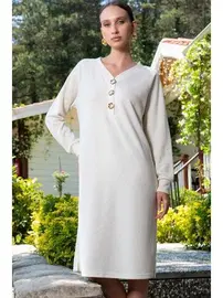 Vienetta Düğmeli V Yaka Uzun Kollu Kadın Gecelik Vienetta 405056