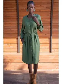 Vienetta Beli Büzgülü Uzun Kollu Yeşil Kadın Elbise Vienetta 405100