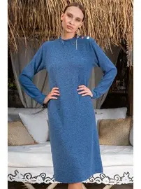 Vienetta Omuz Düğme Aksesuarlı Lacivert Uzun Kadın Elbise Vienetta 405163