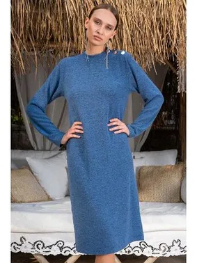 Vienetta Omuz Düğme Aksesuarlı Lacivert Uzun Kadın Elbise Vienetta 405163