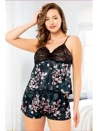 Miss Laris Çiçekli İnce Askılı Büyük Beden Kadın Şort Pijama Takımı Miss Laris 4212