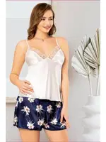 Çiçekli İnce Askılı Saten Şort Pijama Takımı Miss Laris 4213 Ekru