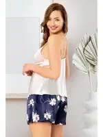 Çiçekli İnce Askılı Saten Şort Pijama Takımı Miss Laris 4213 Ekru detay görünüm