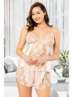Saten Transparan Büyük Beden Fantazi Şort Takım Miss Laris 4216 Pudra