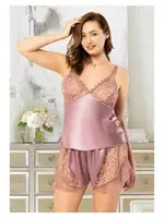 Fırfırlı Saten Büyük Beden Şort Pijama Takımı Miss Laris 4219 Pudra
