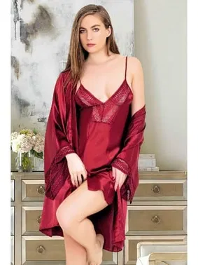 Miss Laris Kuşaklı Saten Kadın Sabahlık Gecelik Takımı Miss Laris 5042 - Alternatif Görünüm