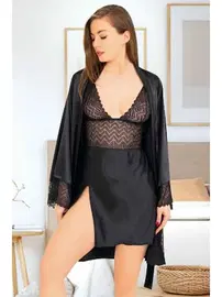 Miss Laris Yırtmaçlı Saten Kadın Gecelik Sabahlık Takımı Miss Laris 5047