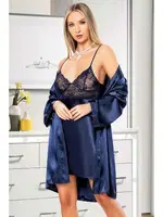 Lacivert Saten Gecelik Sabahlık Takımı Miss Laris 5051 Lacivert