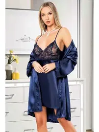 Miss Laris Lacivert Saten Gecelik Sabahlık Takımı Miss Laris 5051