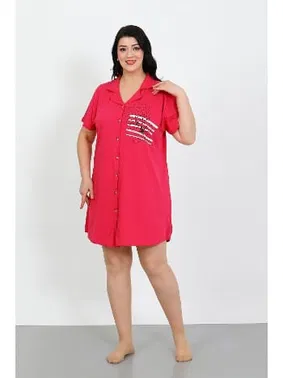 Akbeniz Büyük Beden Penye Düğmeli Fuşya Tunik Gecelik Akbeniz 1025