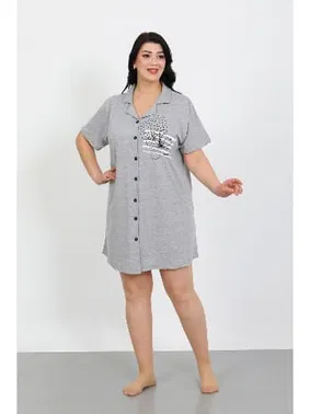 Akbeniz Düğmeli Büyük Beden Penye Gri Tunik Gecelik Akbeniz 1025