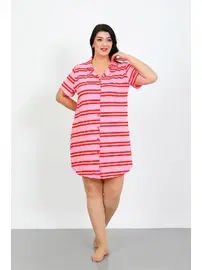 Akbeniz Çizgili Büyük Beden Penye Düğmeli Pembe Tunik Gecelik Akbeniz 1033