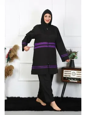 Akbeniz Tesettür Büyük Beden Mor Çizgili Kadın Mayo  Akbeniz 55015