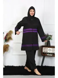 Akbeniz Tesettür Büyük Beden Mor Çizgili Kadın Mayo  Akbeniz 55015