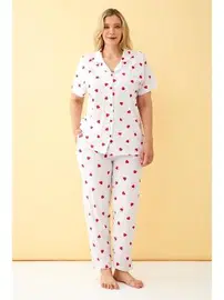 Akbeniz Gömlek Yaka Kalp Desenli Önden Düğmeli Büyük Beden Pijama Takımı Akbeniz 202515