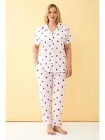 Gömlek Yaka Kalp Desenli Önden Düğmeli Büyük Beden Pijama Takımı Akbeniz 202515 Beyaz