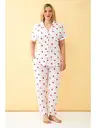 Gömlek Yaka Kalp Desenli Önden Düğmeli Büyük Beden Pijama Takımı Akbeniz 202515