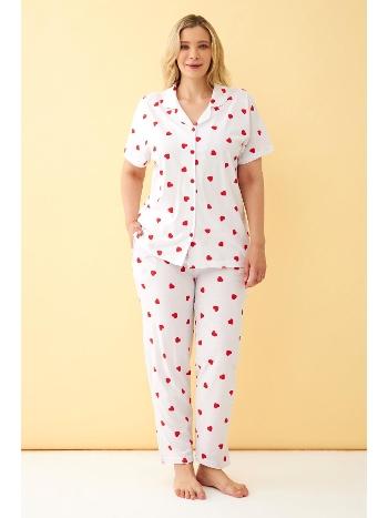 Gömlek Yaka Kalp Desenli Önden Düğmeli Büyük Beden Pijama Takımı Akbeniz 202515