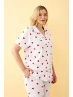 Gömlek Yaka Kalp Desenli Önden Düğmeli Büyük Beden Pijama Takımı Akbeniz 202515 Beyaz detay görünüm