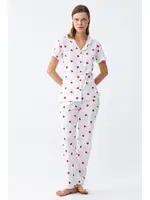 Beyaz Kırmızı Kalpli Önden Düğmeli Pijama Takımı Akbeniz 2787  Beyaz