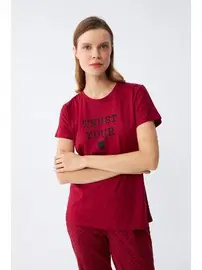 Akbeniz Kalp Desenli Kısa Kollu Kadın Bordo Penye Pijama Takımı Akbeniz 2785