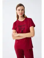 Kalp Desenli Kısa Kollu Kadın Bordo Penye Pijama Takımı Akbeniz 2785 Bordo