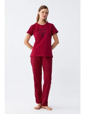 Akbeniz Kalp Desenli Kısa Kollu Kadın Bordo Penye Pijama Takımı Akbeniz 2785 - Alternatif Görünüm